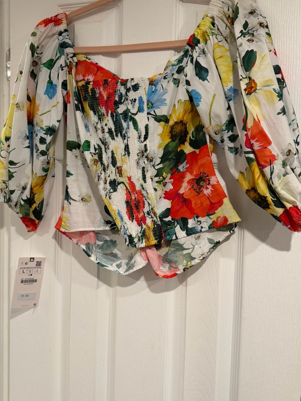 Zara White Floral Puff-Sleeve Smocked Top